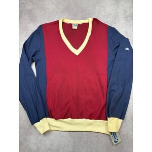 VTG 70s 80s Laguna Men L Color Block V Neck Waffle Knit Thermal Red Pullover USA